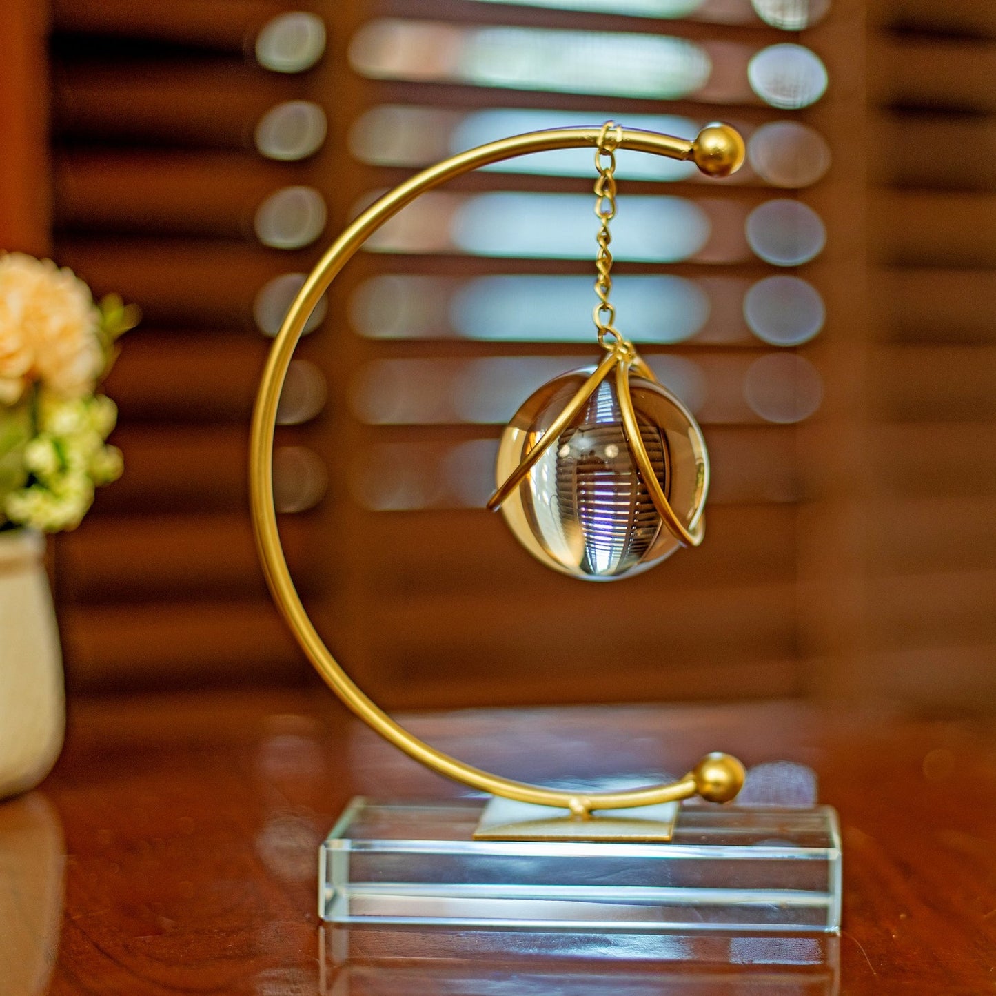 Golden Half Moon Shape Table Showpiece with Hanging Crystal Ball