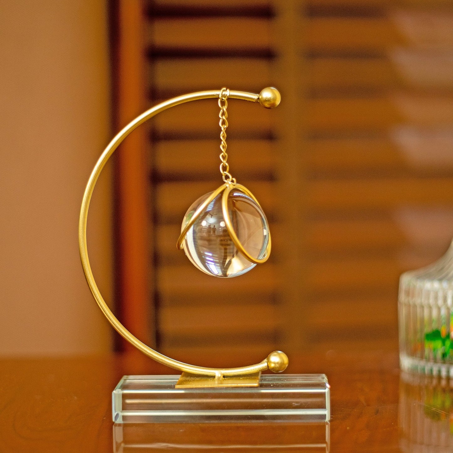 Golden Half Moon Shape Table Showpiece with Hanging Crystal Ball